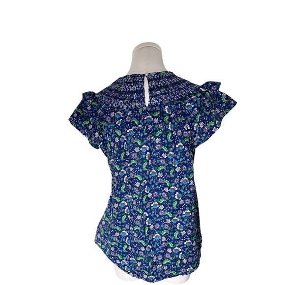 LOFT Blue Floral Smocked Flutter Sleeve Blouse Women’s M Cotton Boho - Picture 3 of 8